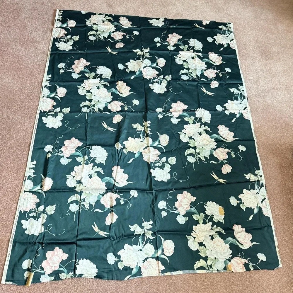 Vintage Schumacher Venus Floral Fabric Panel Pink Roses Dark Teal Cottagecore - Picture 2 of 14